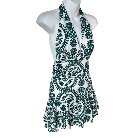 Boho Backless Halter Romper Sz Small White Green Floral Print Ruffle Resort READ - Picture 15 of 16